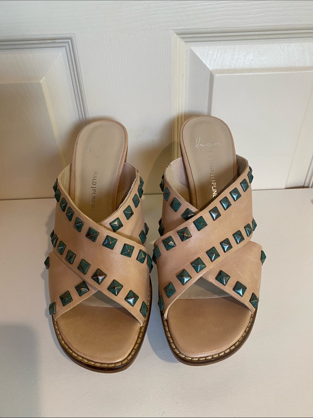 Donald J. Pliner Beige Crisscross Slide Sandals with Green Studs